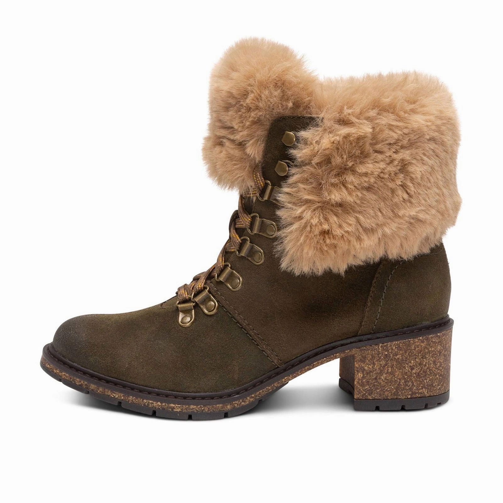 Aetrex Brooklyn Mid Boot (Women) - Khaki Leather Rugged Built Snowy Path Anti fungal
