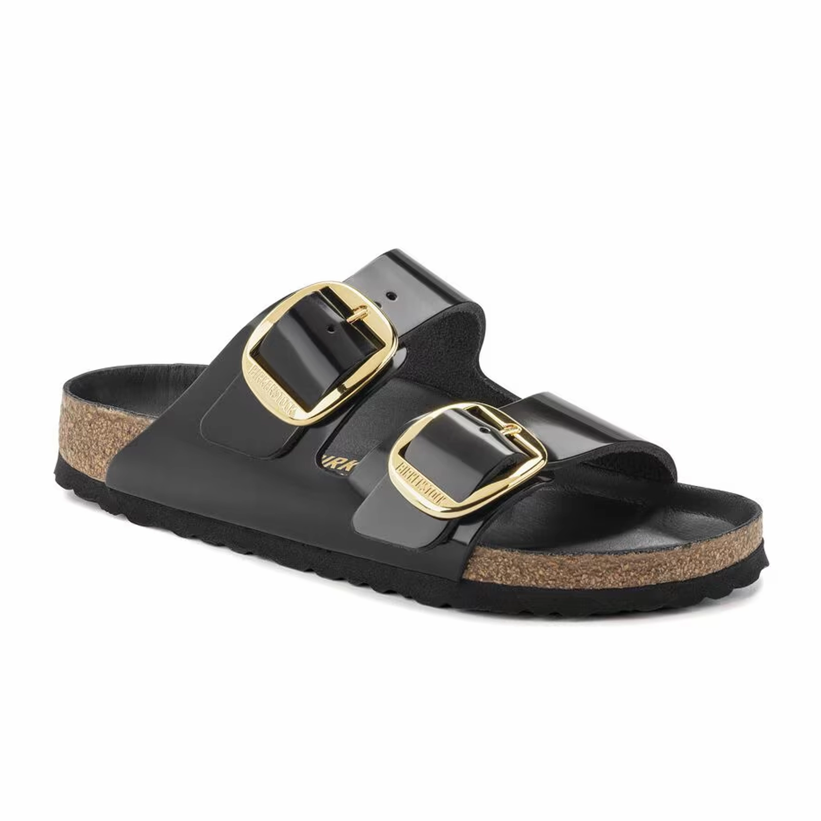 Adjustable buckle Water Drainage Channels Birkenstock Arizona Big Buckle Narrow Slide Sandal (Women) - High Shine Black Leather