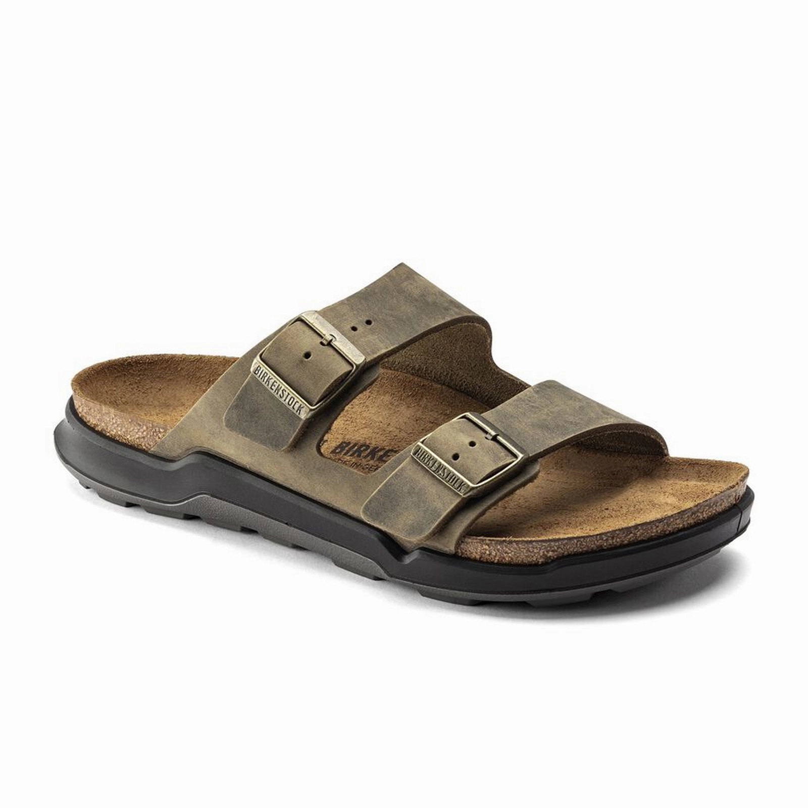 Birkenstock Arizona Crosstown Slide Sandal (Men) - Faded Khaki Oiled Leather Motion Control Design Weatherproof Coating
