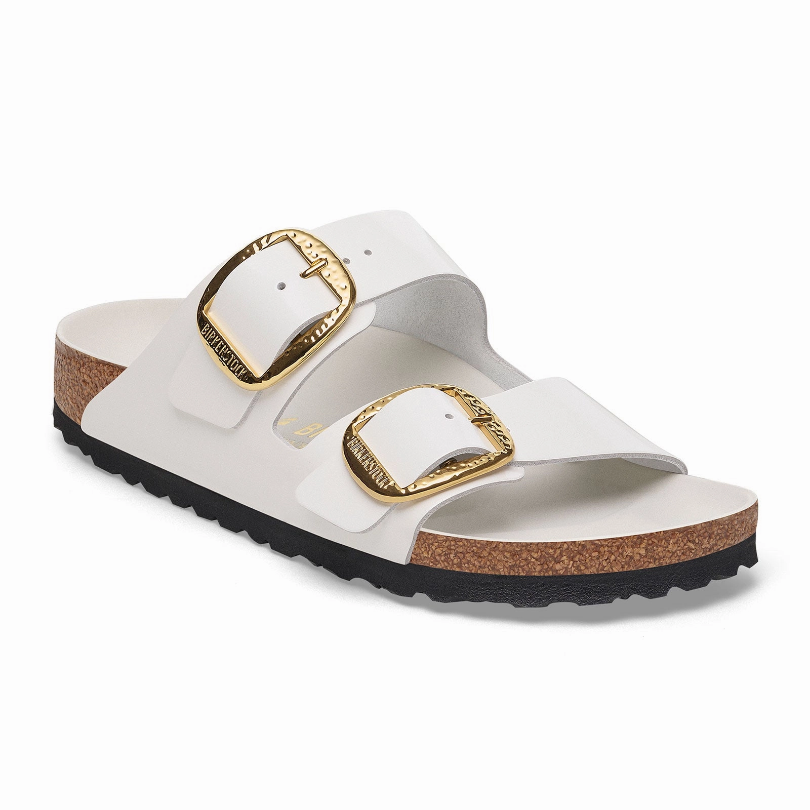 Ergonomic Toe Post Design Birkenstock Arizona Hammered Big Buckle Narrow Slide Sandal (Women) - High Shine Antique White Leather