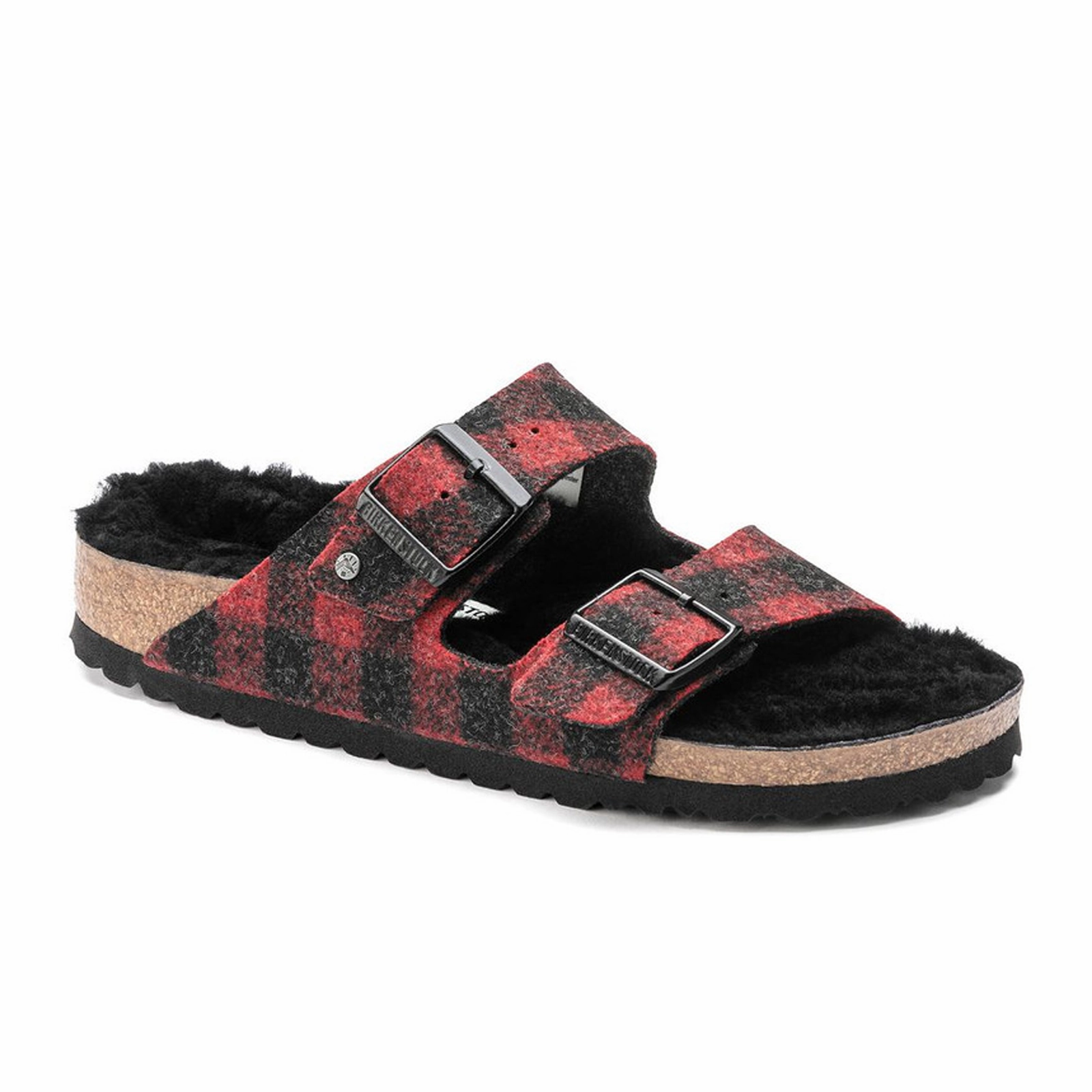 Foam Comfort Birkenstock Arizona Narrow Slide Sandal (Women) - Red Plaid Wool/Black Shearling