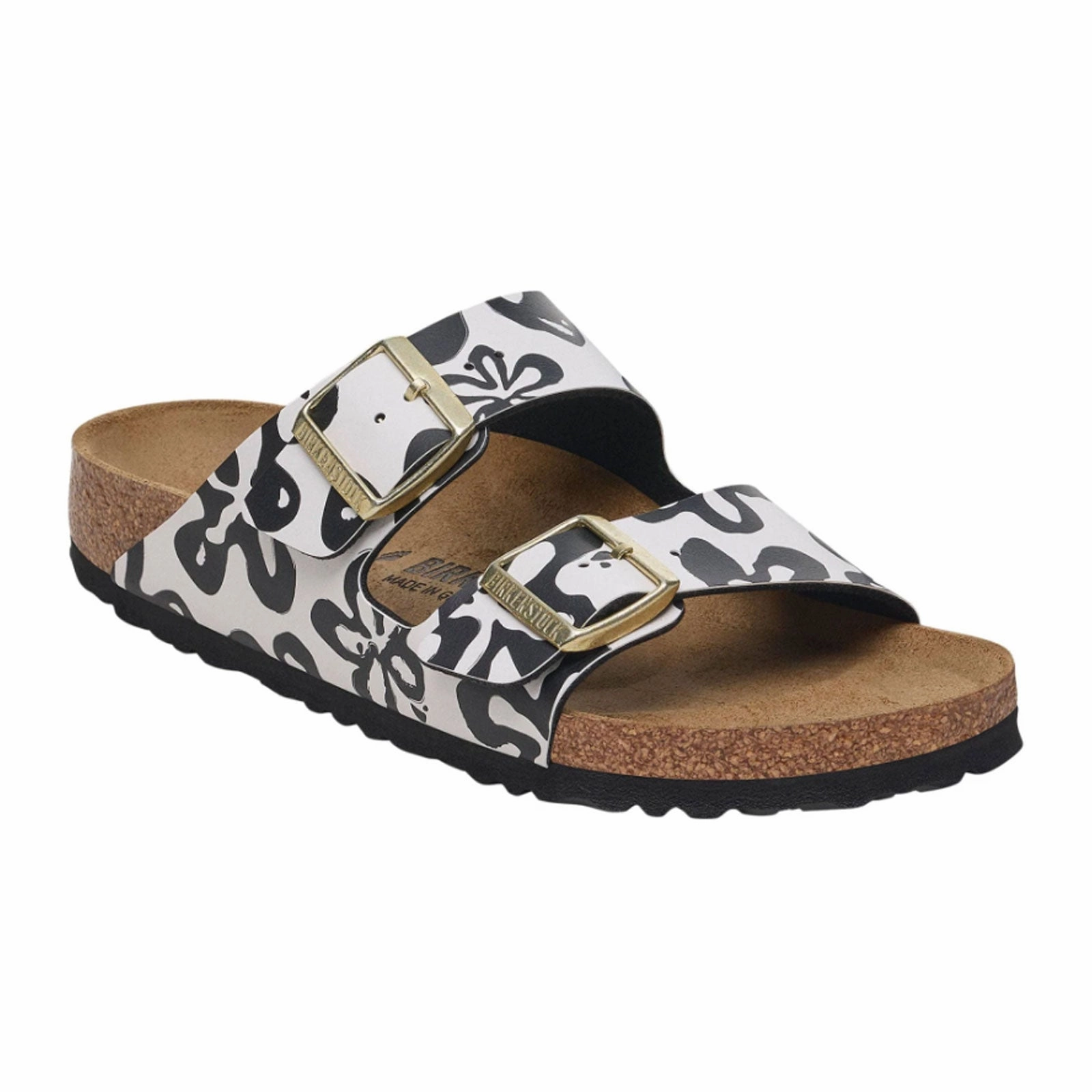 Birkenstock Arizona Narrow Slide Sandal (Women) - White/Black Blooms Birko-Flor Effortless Walking Ankle Soft