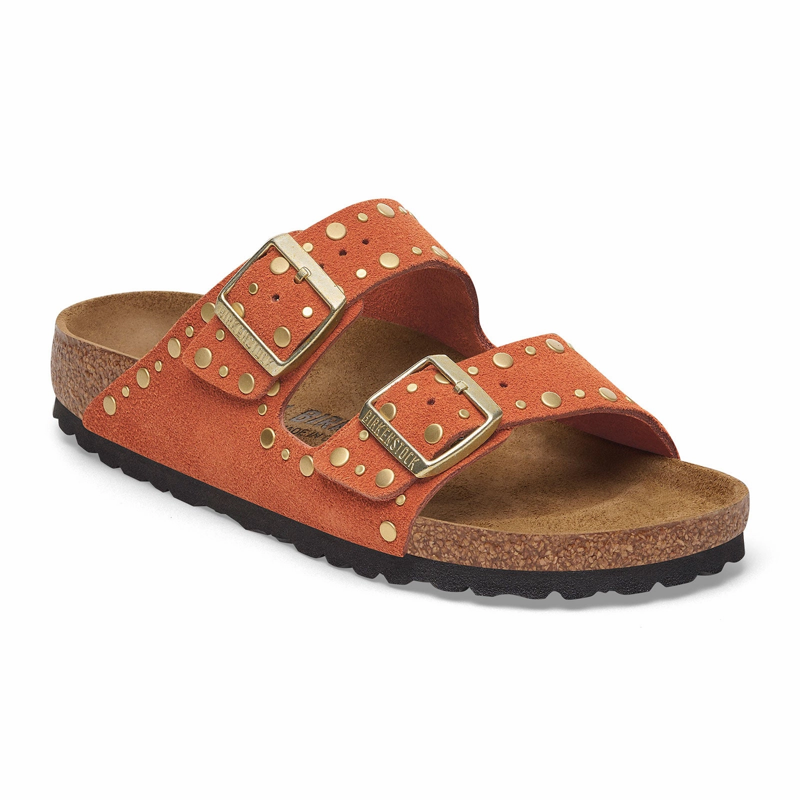 Chic Comfortable Birkenstock Arizona Rivets Narrow Slide Sandal (Women) - Dark Rust Suede