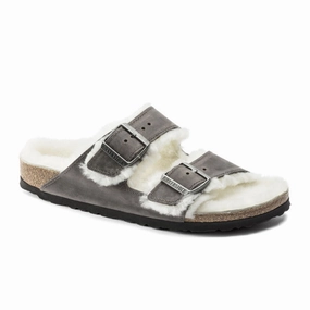 Non Marking Tread Relaxed Flip-flops Birkenstock Arizona Slide Sandal (Women) - Iron Nubuck/Natural Shearling