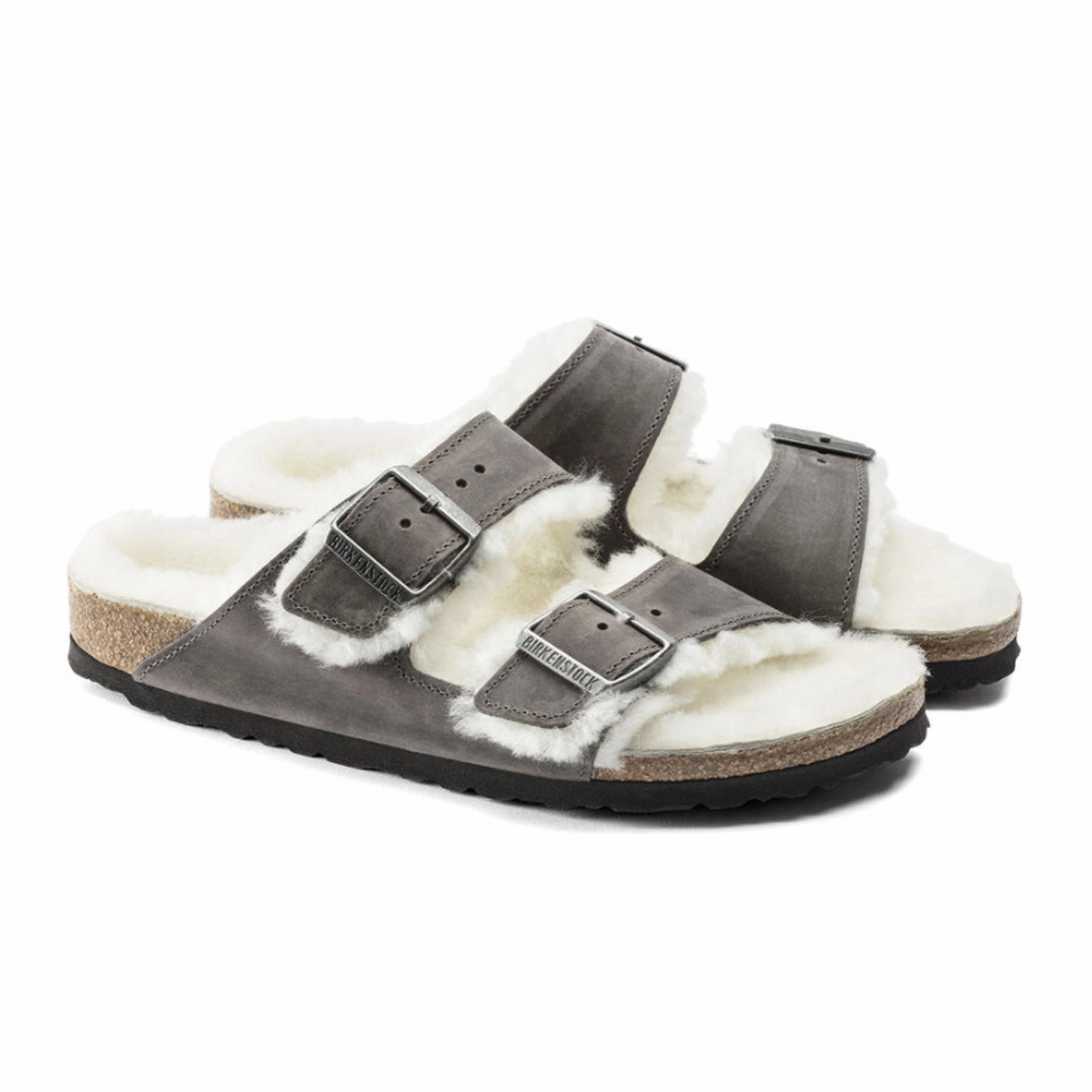 Fashionable Beach Footwear Birkenstock Arizona Slide Sandal (Women) - Iron Nubuck/Natural Shearling
