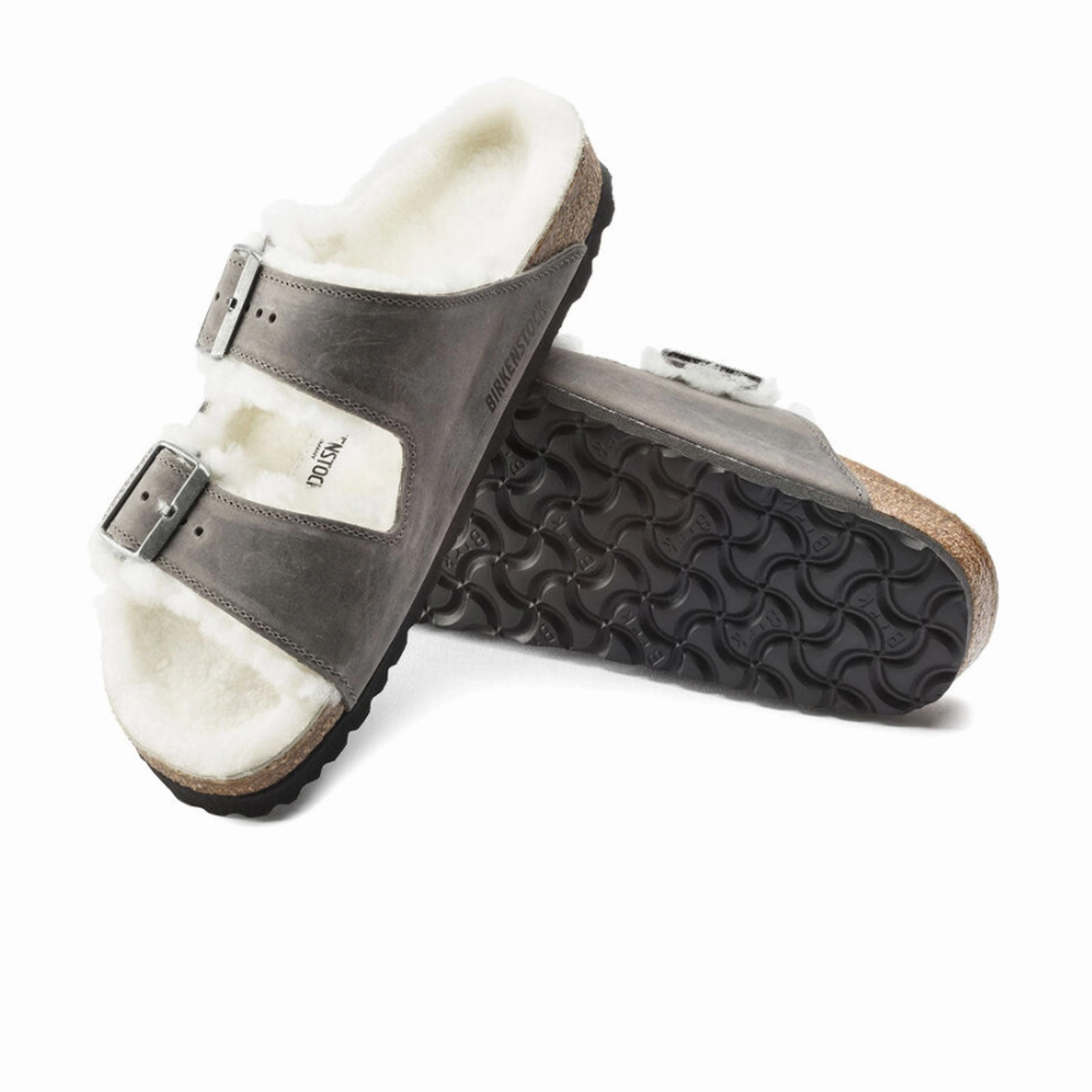Birkenstock Arizona Slide Sandal (Women) - Iron Nubuck/Natural Shearling Shock Absorption Technology