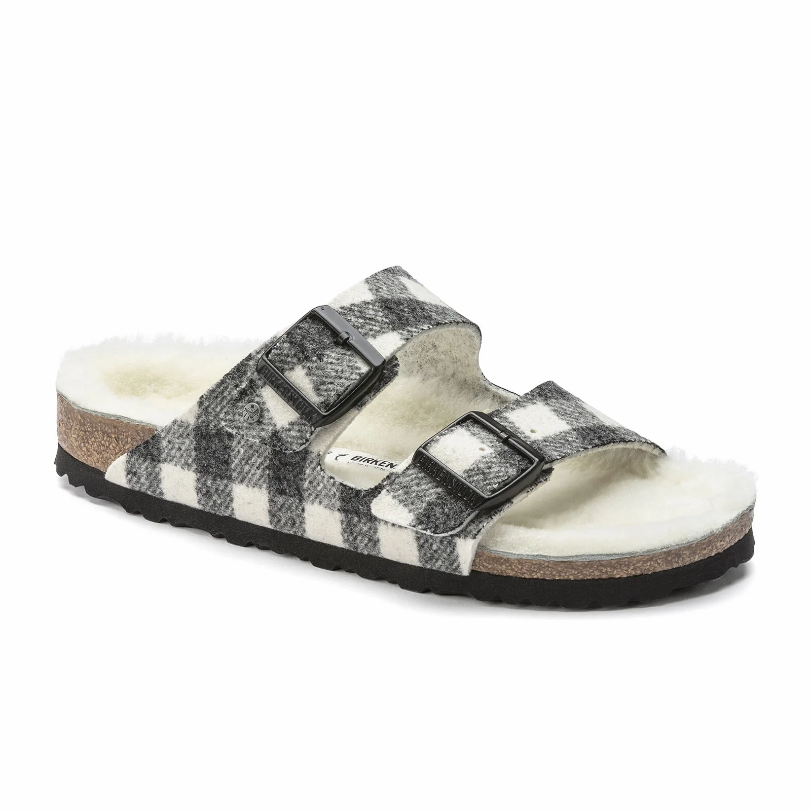Urban Stroll All Day Comfort Birkenstock Arizona Slide Sandal (Women) - Plaid White Wool/Natural Shearling