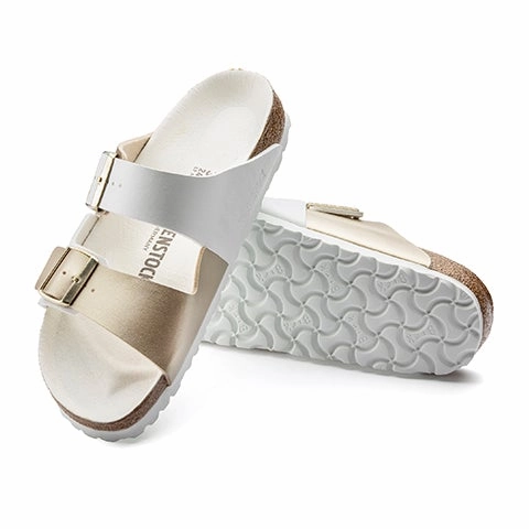 Birkenstock Arizona Split Slide Sandal (Women) - White/Gold Birko-Flor Layered Shock Pad