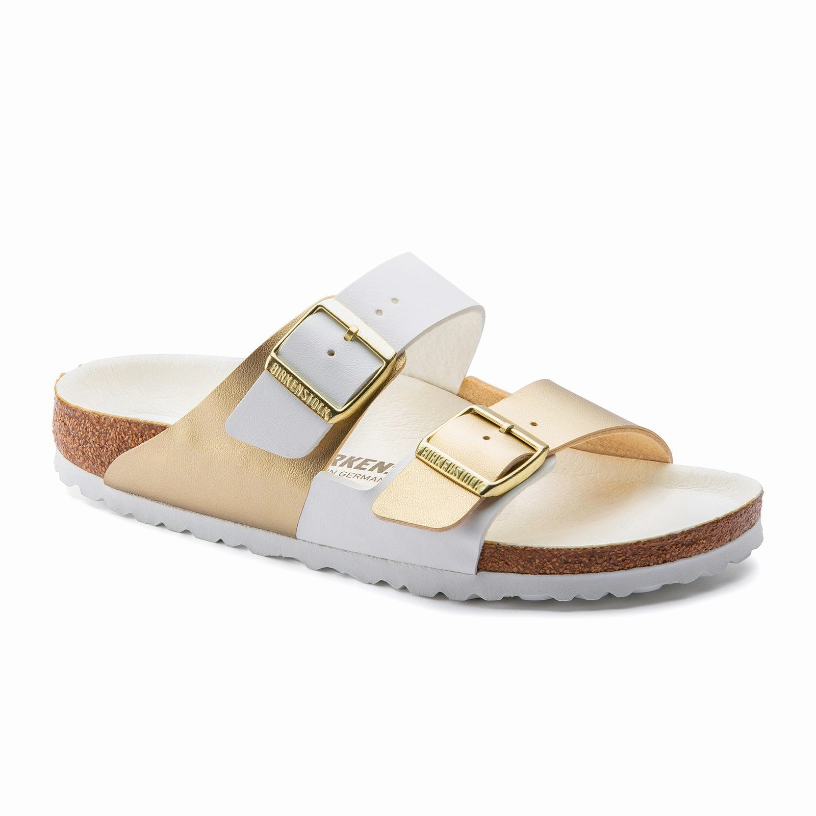 Pet Walk Birkenstock Arizona Split Slide Sandal (Women) - White/Gold Birko-Flor