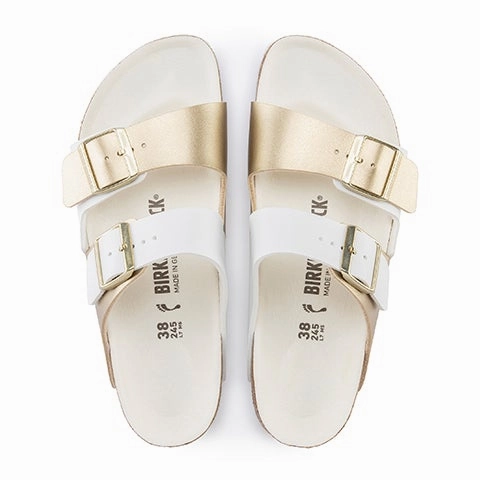 Birkenstock Arizona Split Slide Sandal (Women) - White/Gold Birko-Flor Durable Travel Footwear Sunny Walk