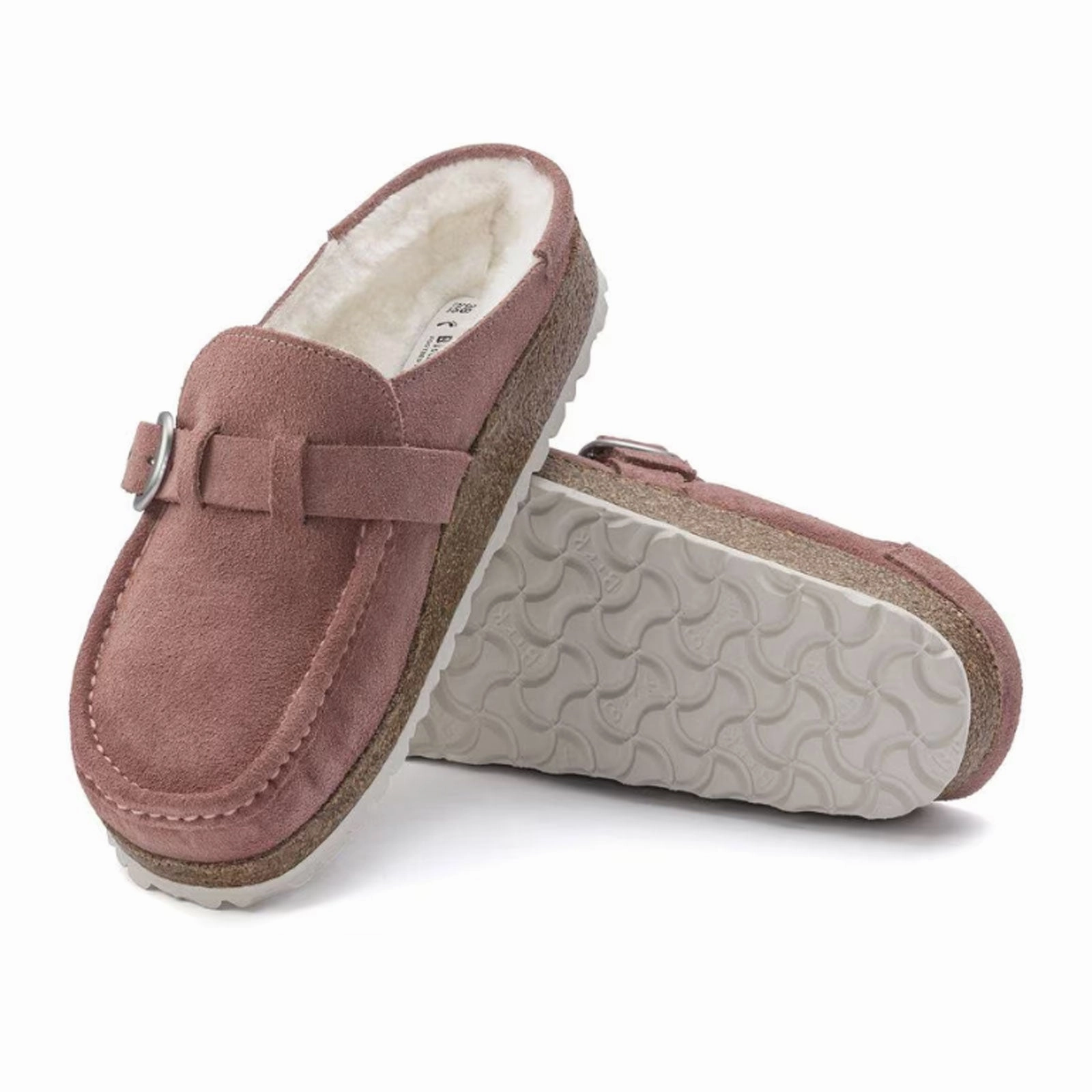 Birkenstock Buckley Narrow Clog (Women) - Pink Clay Suede/Natural Shearling Work Light Multi Shade