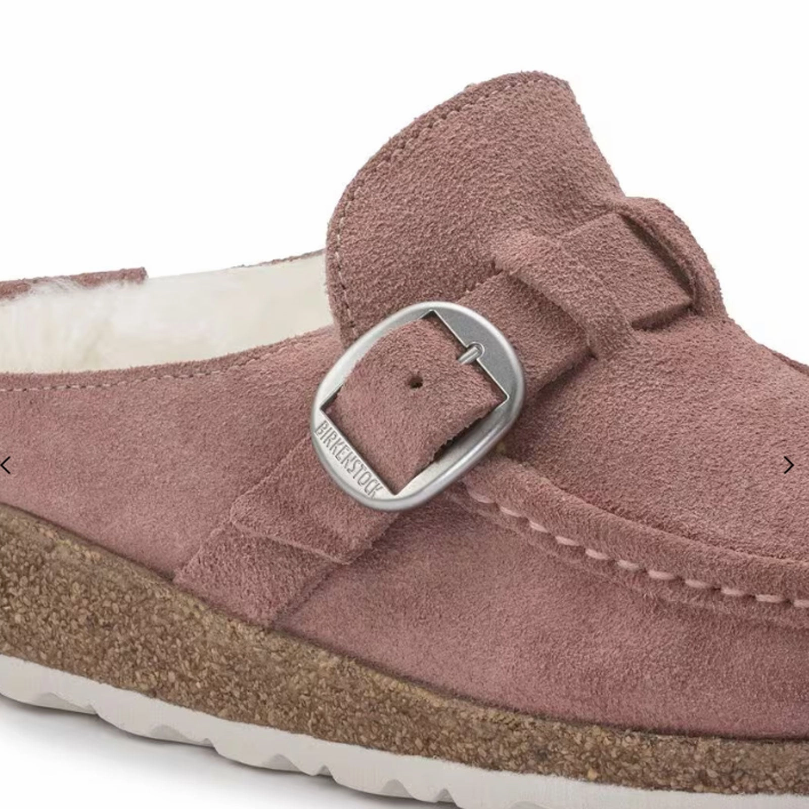 Birkenstock Buckley Narrow Clog (Women) - Pink Clay Suede/Natural Shearling Padding Around Ankle Non Marking Tread