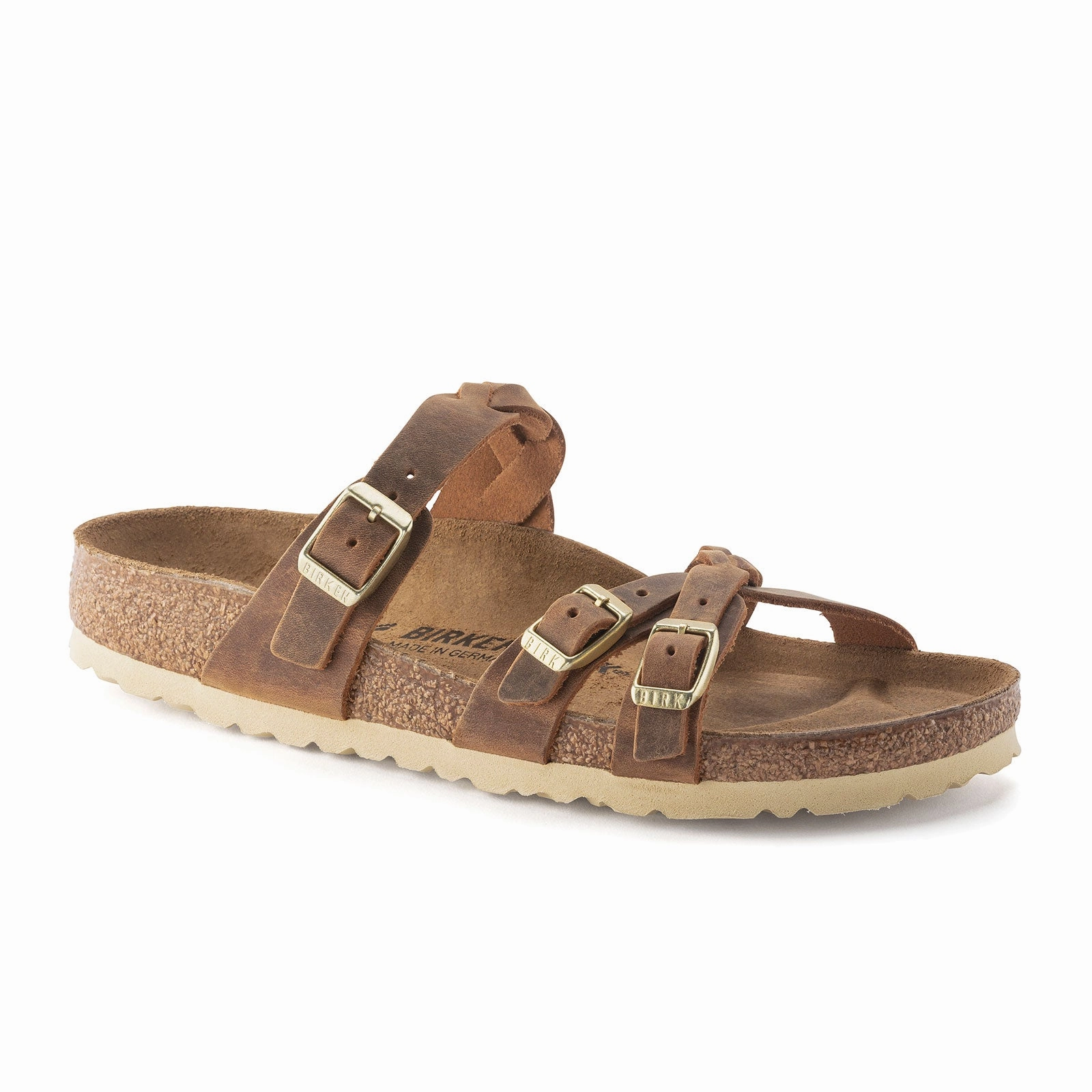 Compact Fit Birkenstock Franca Braid Slide Sandal (Women) - Cognac Oiled Leather