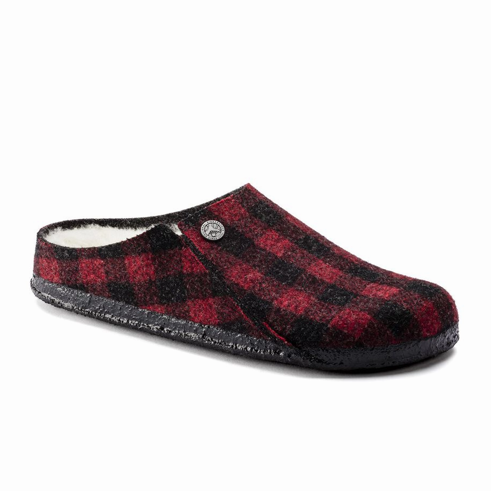 Birkenstock Zermatt Slipper (Women) - Red Plaid Wool/Natural Shearling Cushioned Collar Padding