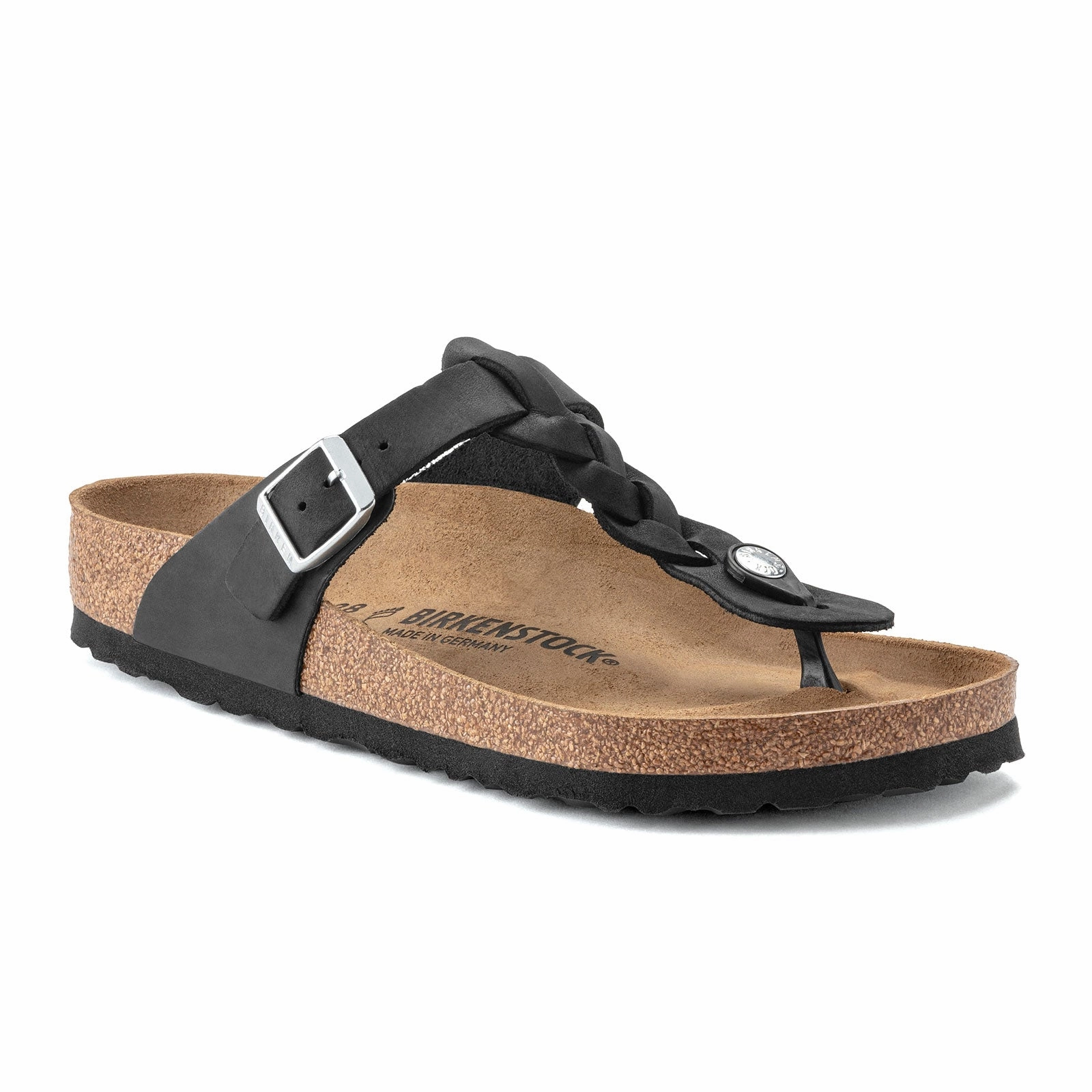 Birkenstock Gizeh Braid Sandal (Women) - Black Oiled Leather Elastic Straps Non Toxic Footbed Material