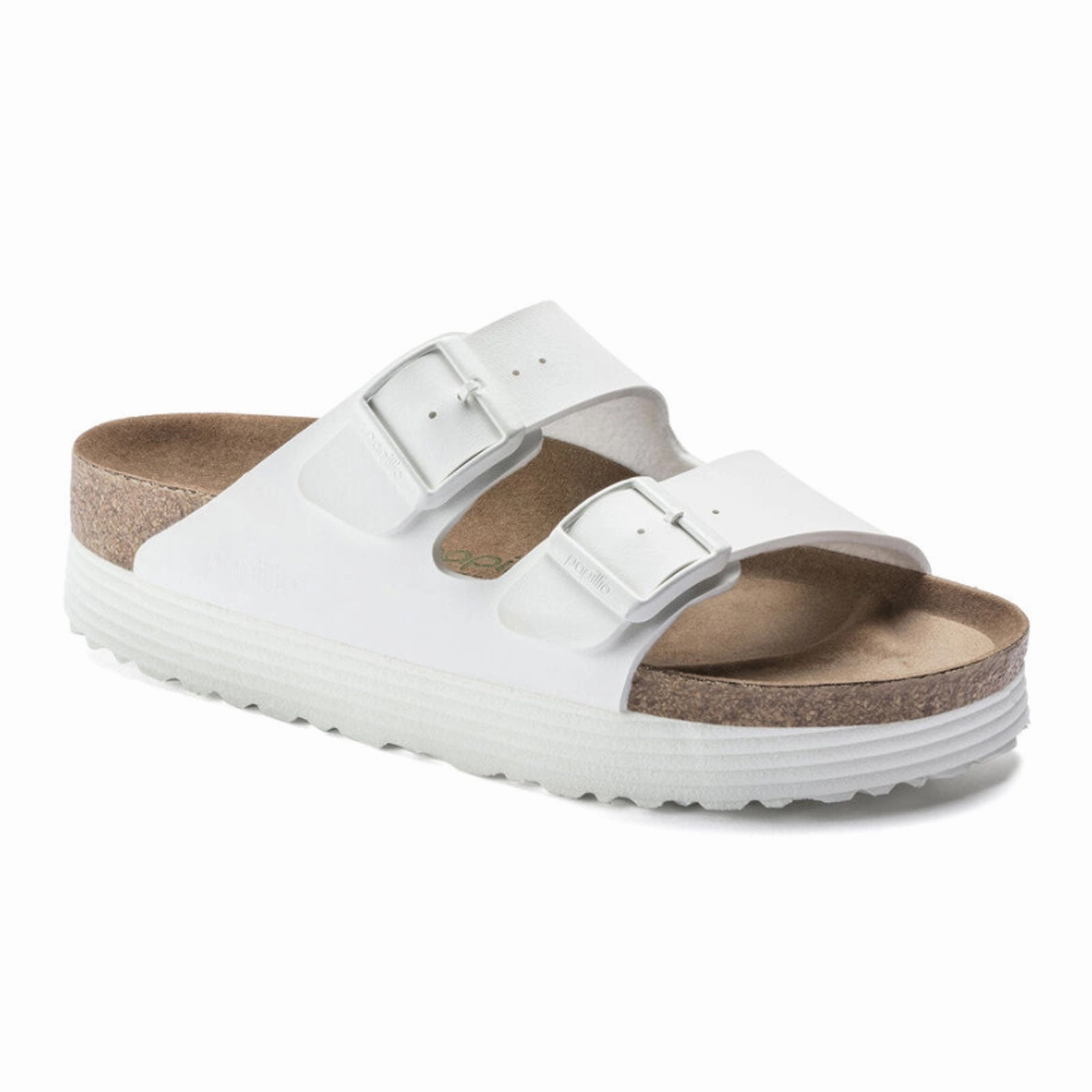 therapeutic Birkenstock Arizona Grooved Vegan Platform Slide Sandal (Women) - White Birko-Flor