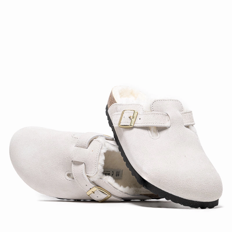 Women's Birkenstock Boston Shearling Suede - Antique White Everyday Shoes Microfiber Lining