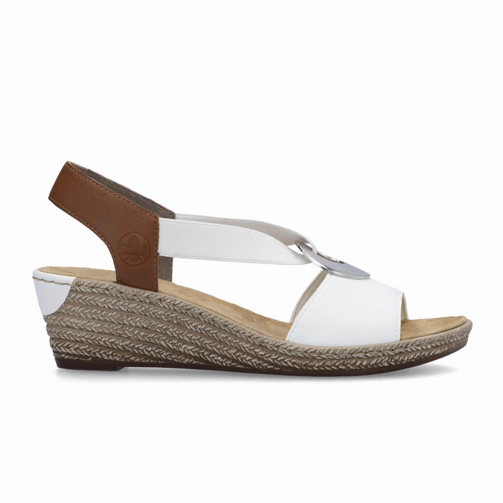 Rieker Fanni 624H6-81 Wedge Sandal (Women) - Weiss/Cayenne Elastic Strap Reinforced Heel Support