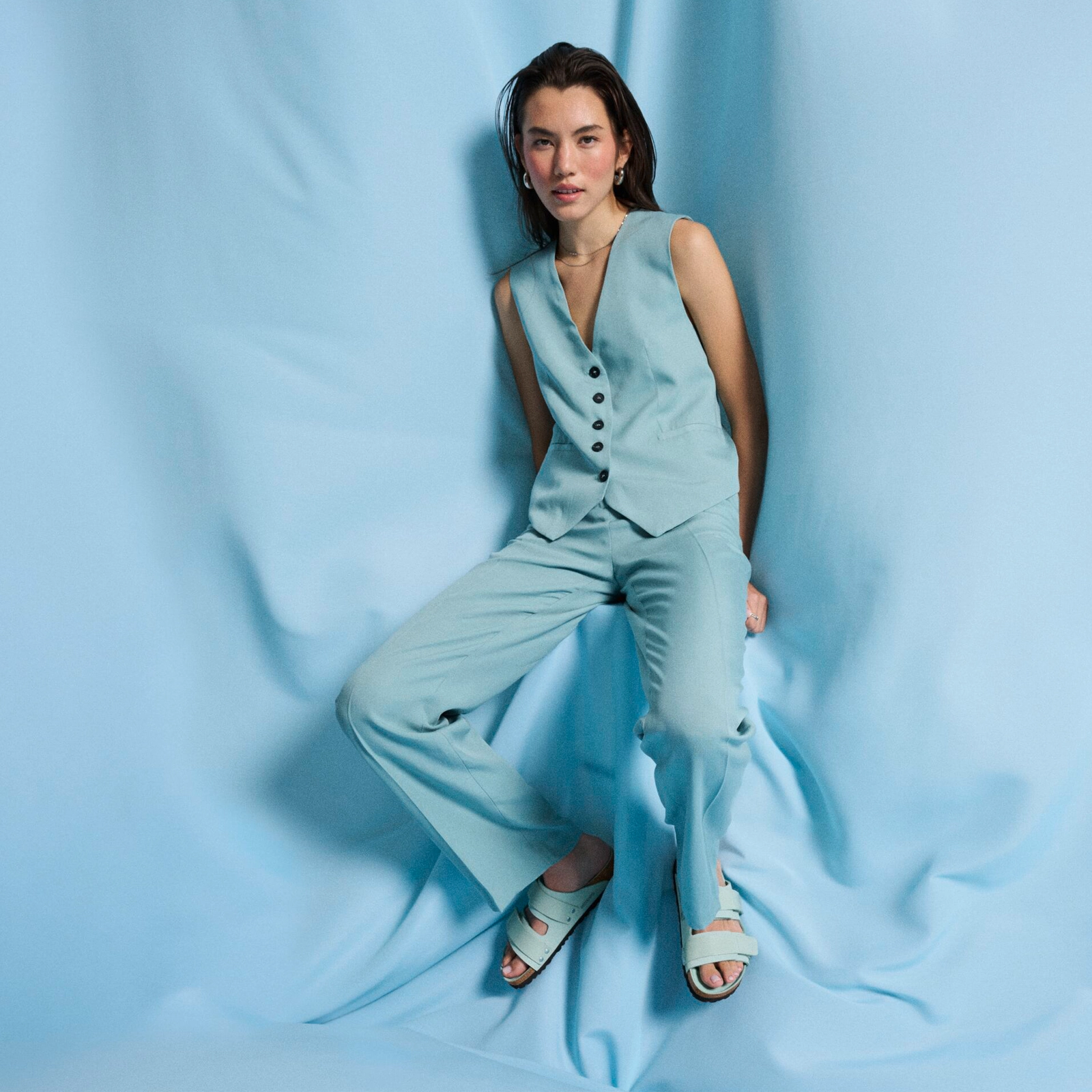 Reinforced Stress Points Birkenstock Uji Hex Narrow Slide Sandal (Women) - High Shine Surf Green Nubuck