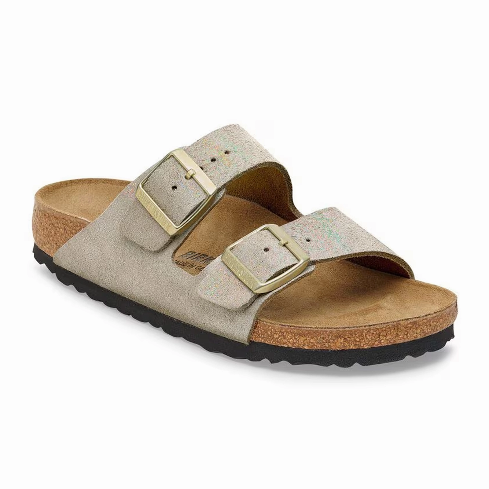 Birkenstock Arizona Slide Sandal (Women) - Shimmering Taupe Suede Woven