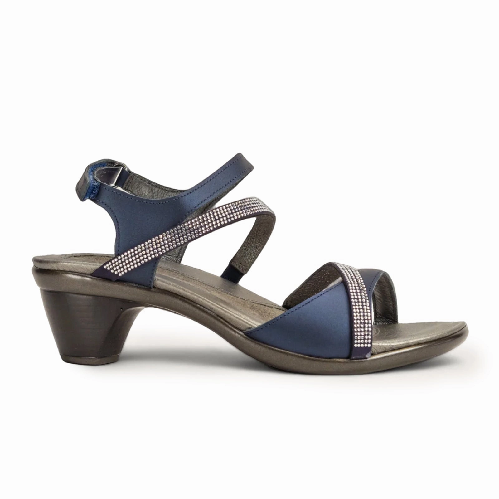 Naot Innovate Heeled Sandal (Women) - Polar Sea Leather/Navy/Clear Rhinestones Ergonomic Arch Support