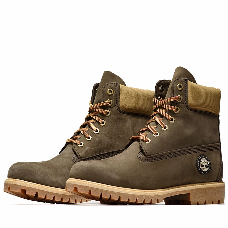 Timberland Premium 6" Lace Up Waterproof Boot - Dark Brown/Nubuck Olive Low Profile Trail Exploration Snow Ready