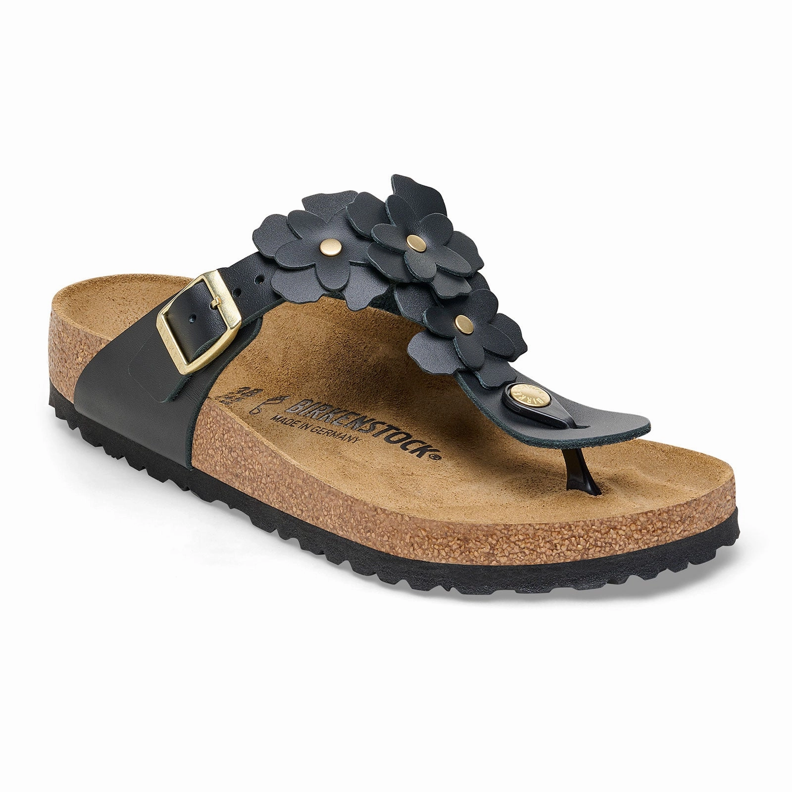 Slide Style Birkenstock Gizeh Flowers Sandal (Women) - Black Leather