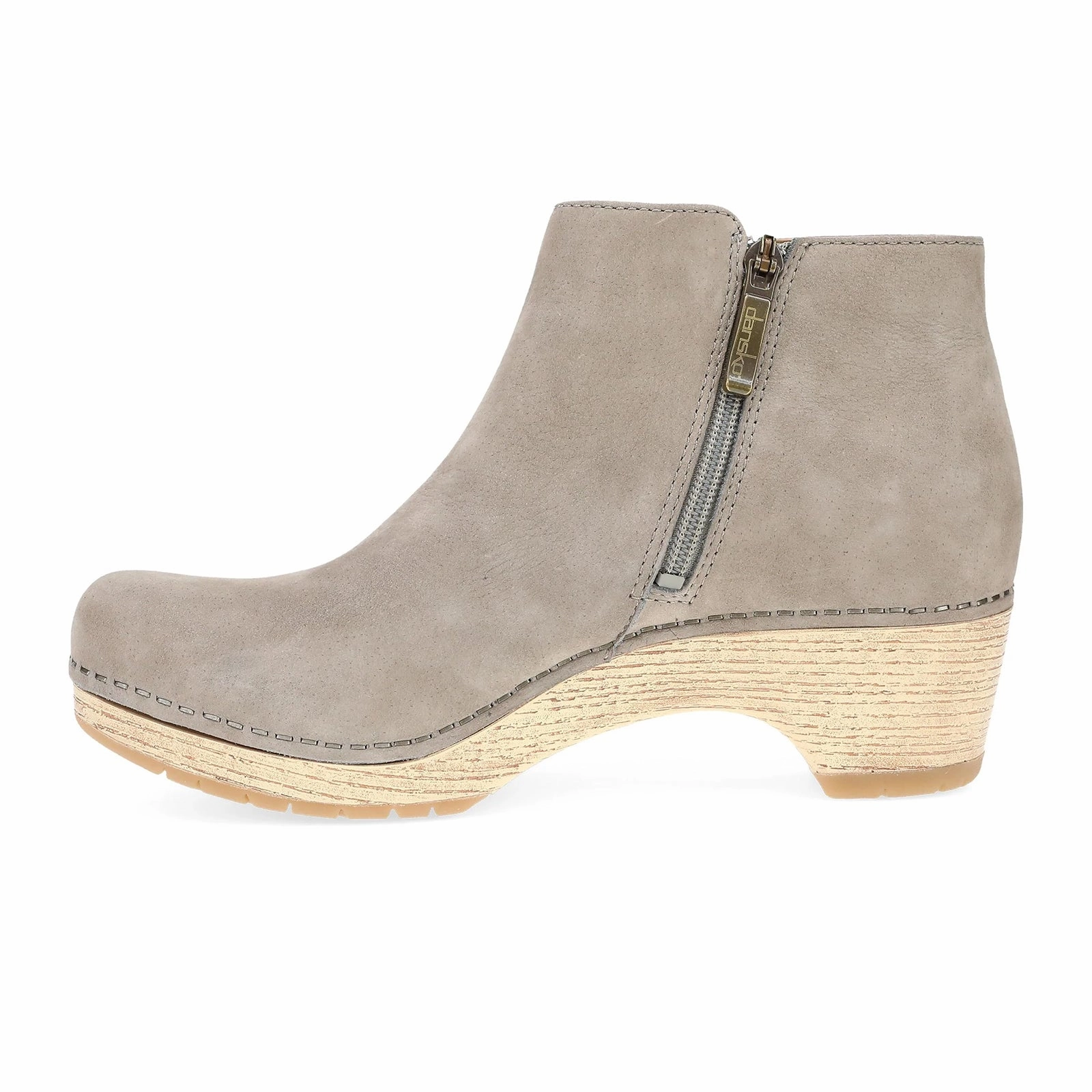 Dansko Lizanne Heeled Ankle Boot (Women) - Taupe Milled Nubuck Thermal Regulating Layer Patterned Surface