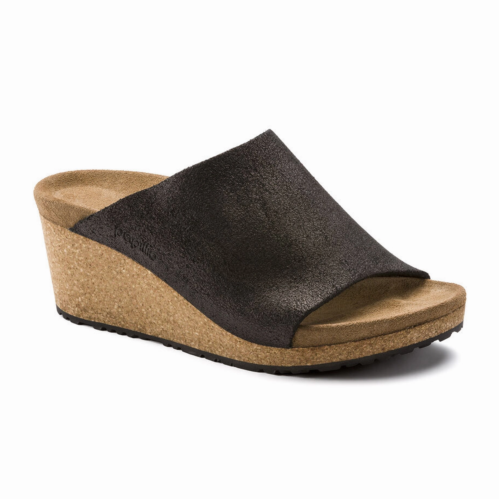 Birkenstock Namica Narrow Wedge Sandal (Women) - Washed Metallic Antique Black Suede Tear Resistant Webbing