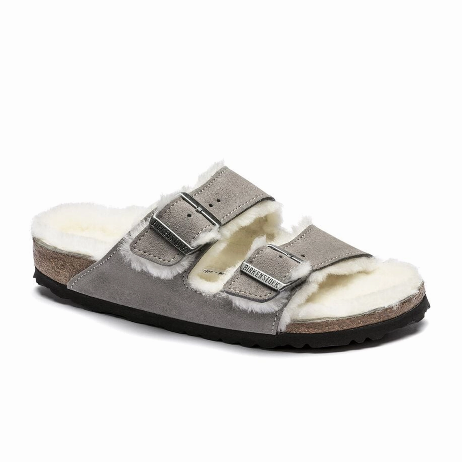 Grip Enhancement Birkenstock Arizona Slide Sandal (Women) - Stone Coin Suede/Natural Shearling