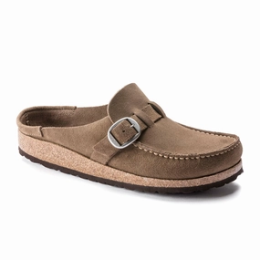 Birkenstock Buckley Clog (Women) - Gray Taupe Suede Wide Fit Design Sporty Flats