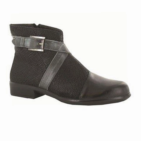 couple wear Naot Boreas Ankle Boot (Women) - Black Madras/Crackle Leather