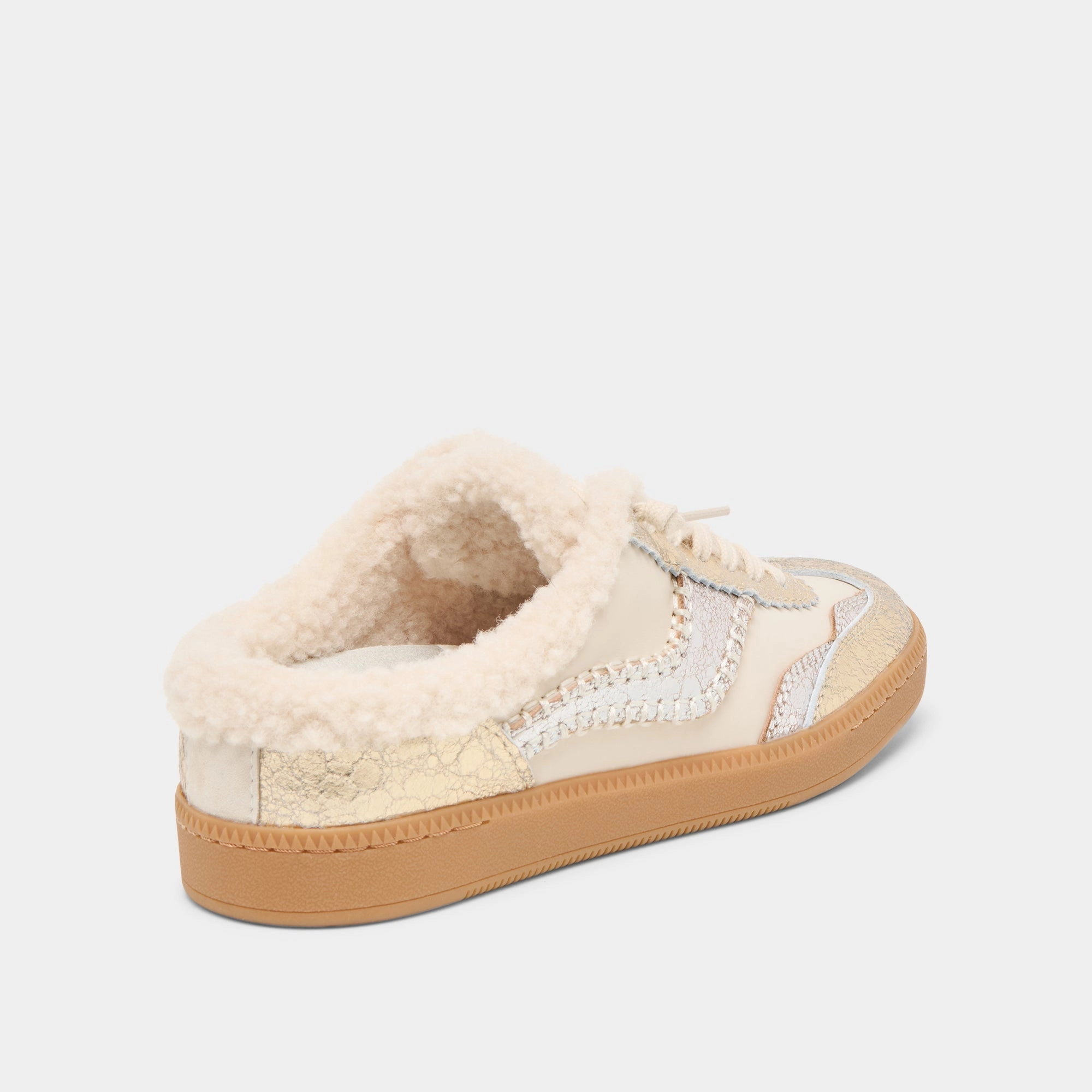 NOTICE SLIDE PLUSH SILVER GOLD CRACKLED LEATHER Daily Wear Shoes Recycled Fabric Webbing