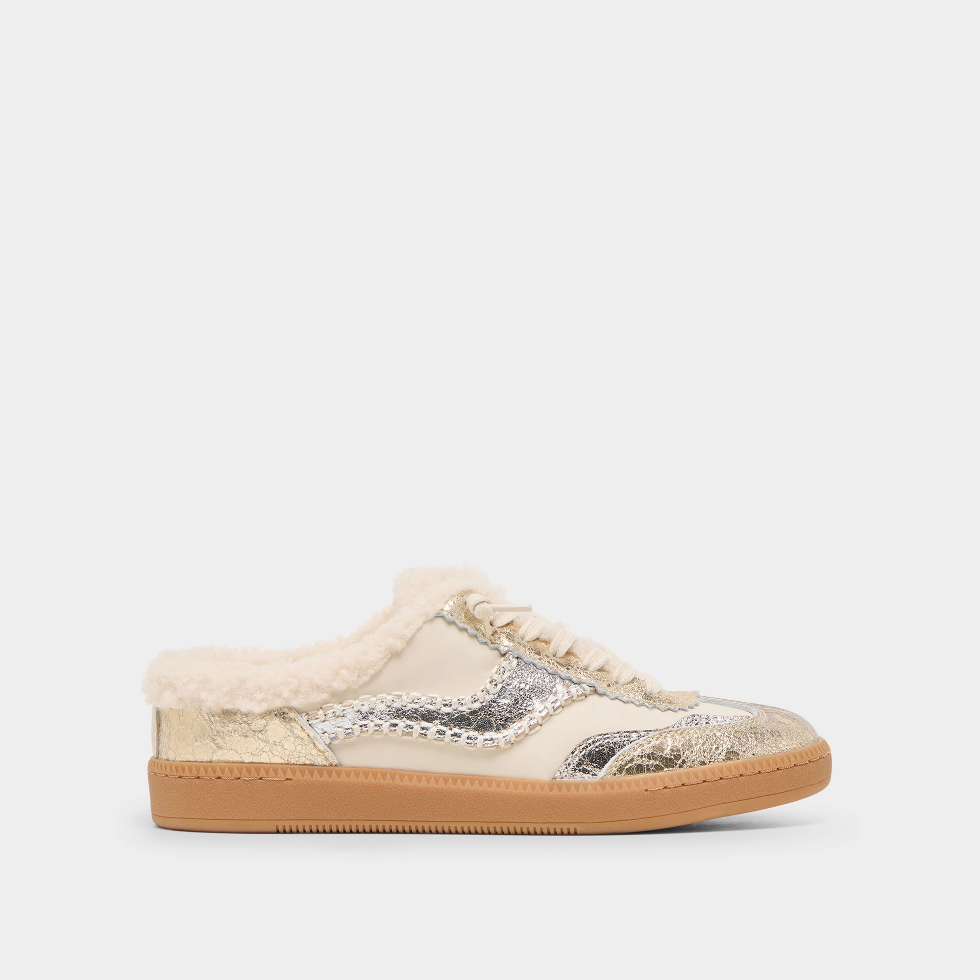 Recycled Rubber Sole NOTICE SLIDE PLUSH SILVER GOLD CRACKLED LEATHER