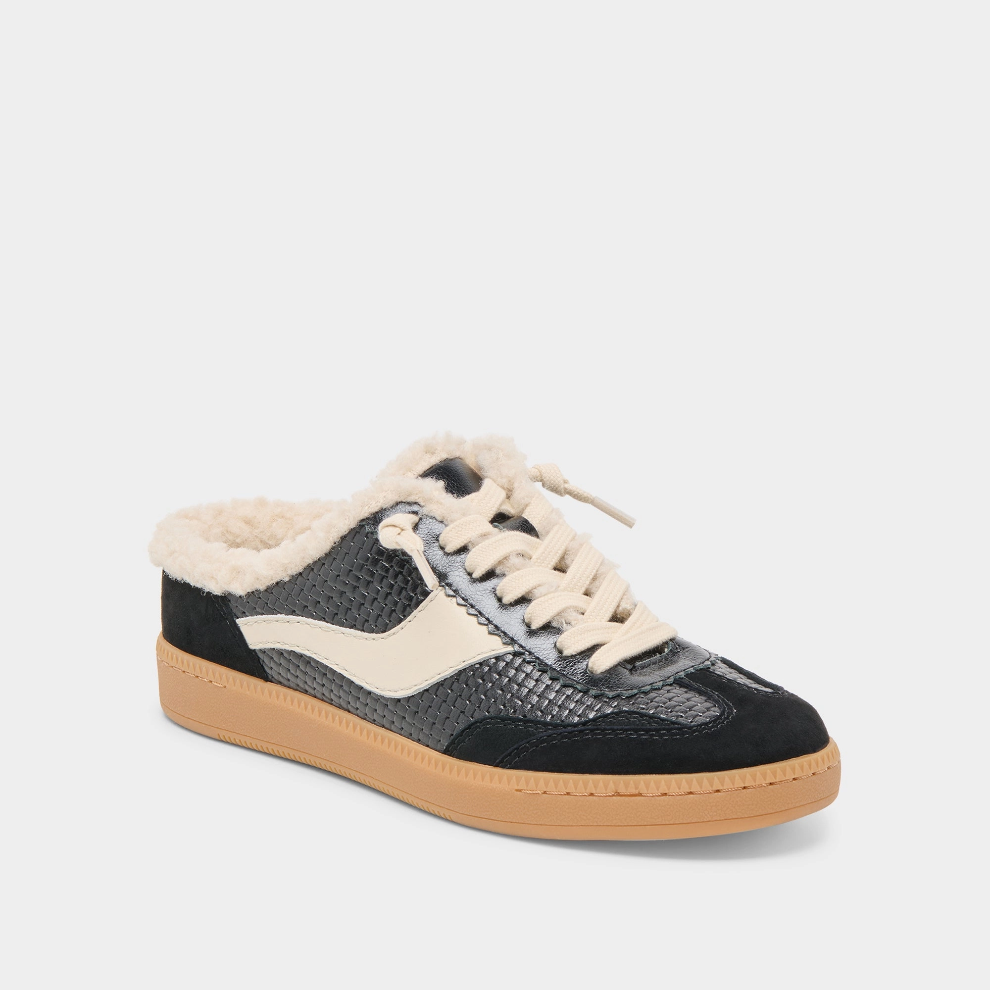 Walk Style NOTICE SLIDE PLUSH SNEAKERS BLACK WOVEN LEATHER