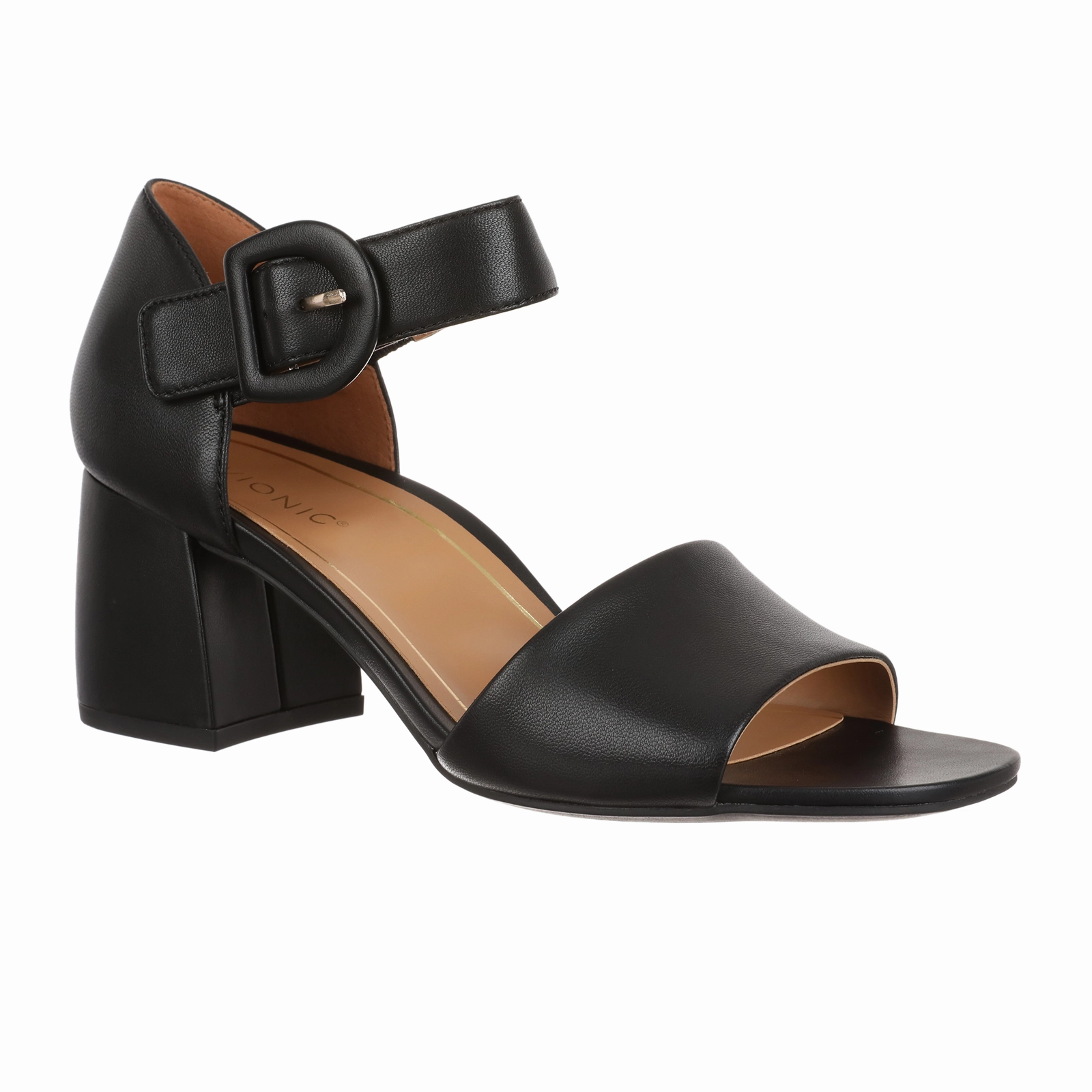 Vionic Chardonnay Heeled Sandal (Women) - Black Leather Cushioned Comfort Sandal Pads