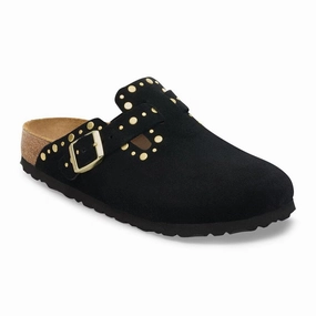 Birkenstock Boston Rivet Clog (Women) - Black Suede Sandal Insole Recycled Plastic Construction