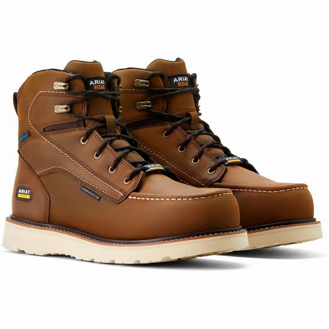 Rebar 6 inch Composite-Toe Waterproof Moc Toe Wedge Work Boot Distressed Brown Structured chic