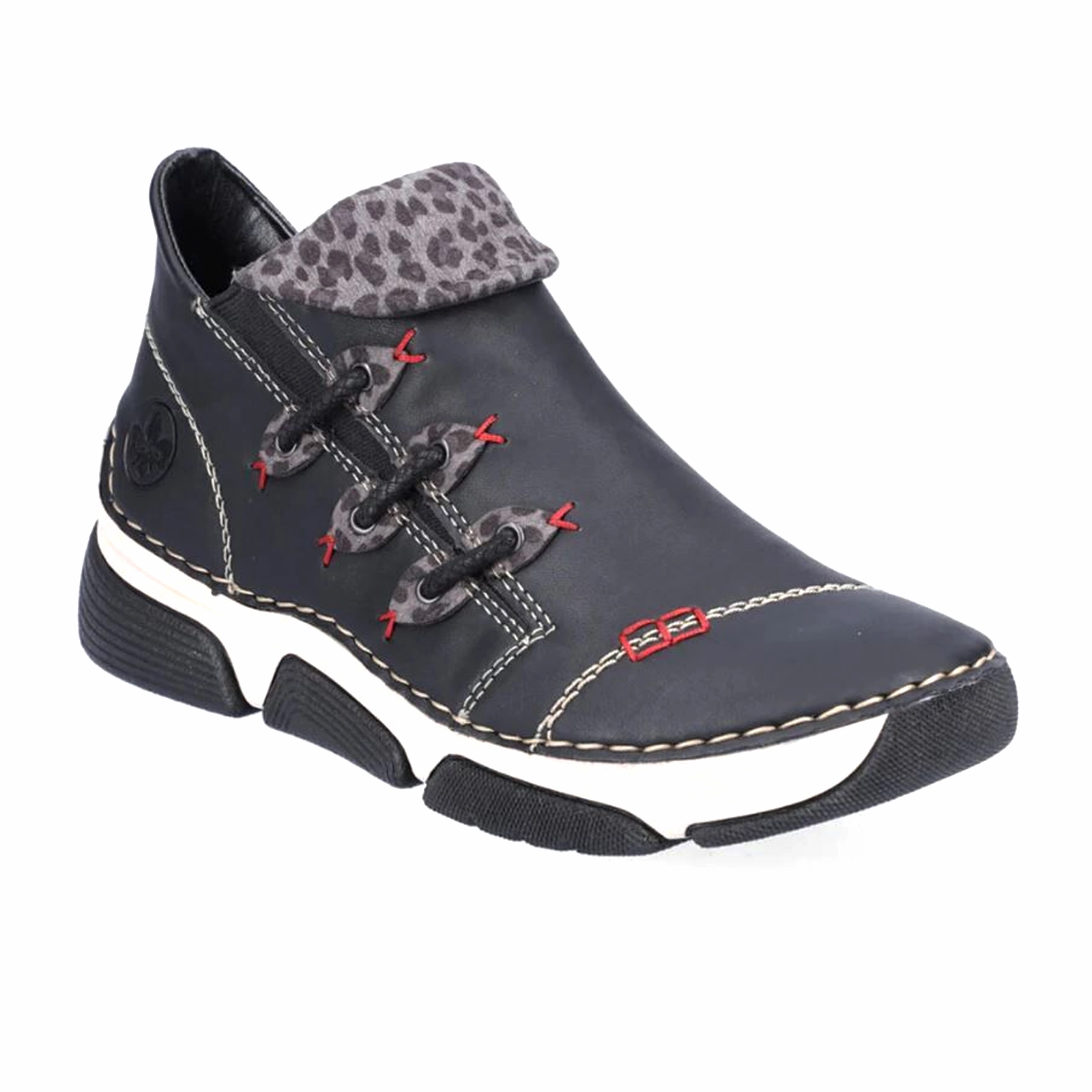 Noise Reducing Sole Anti-static Rieker Angela 45983-00 Slip On Bootie (Women) - Schwarz/Leo Grey