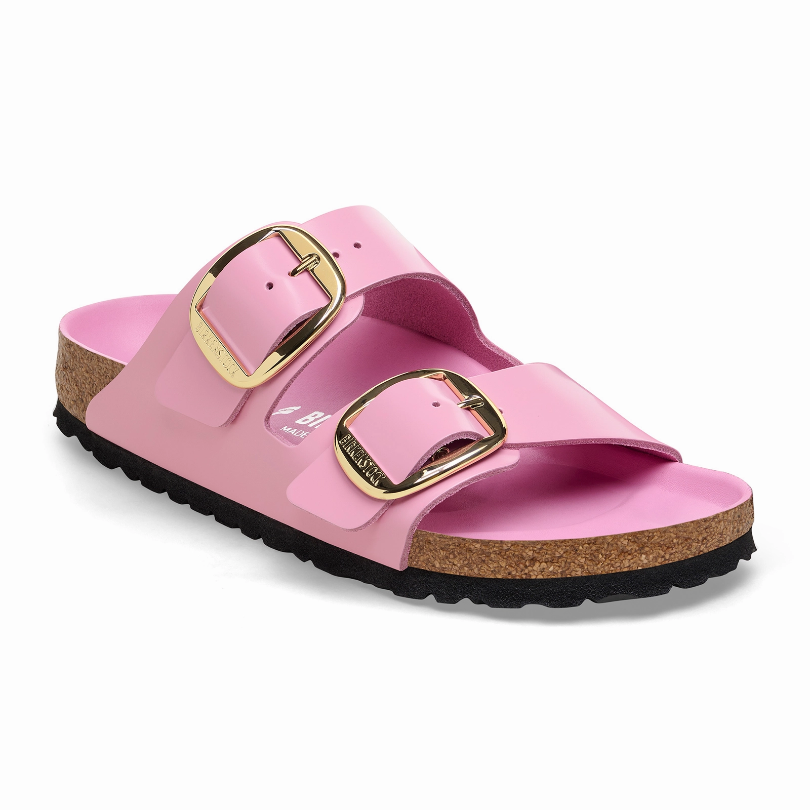 Birkenstock Arizona Big Buckle Slide Sandal (Women) - High Shine Fondant Pink Leather Textured Footbed Abrasion resistant
