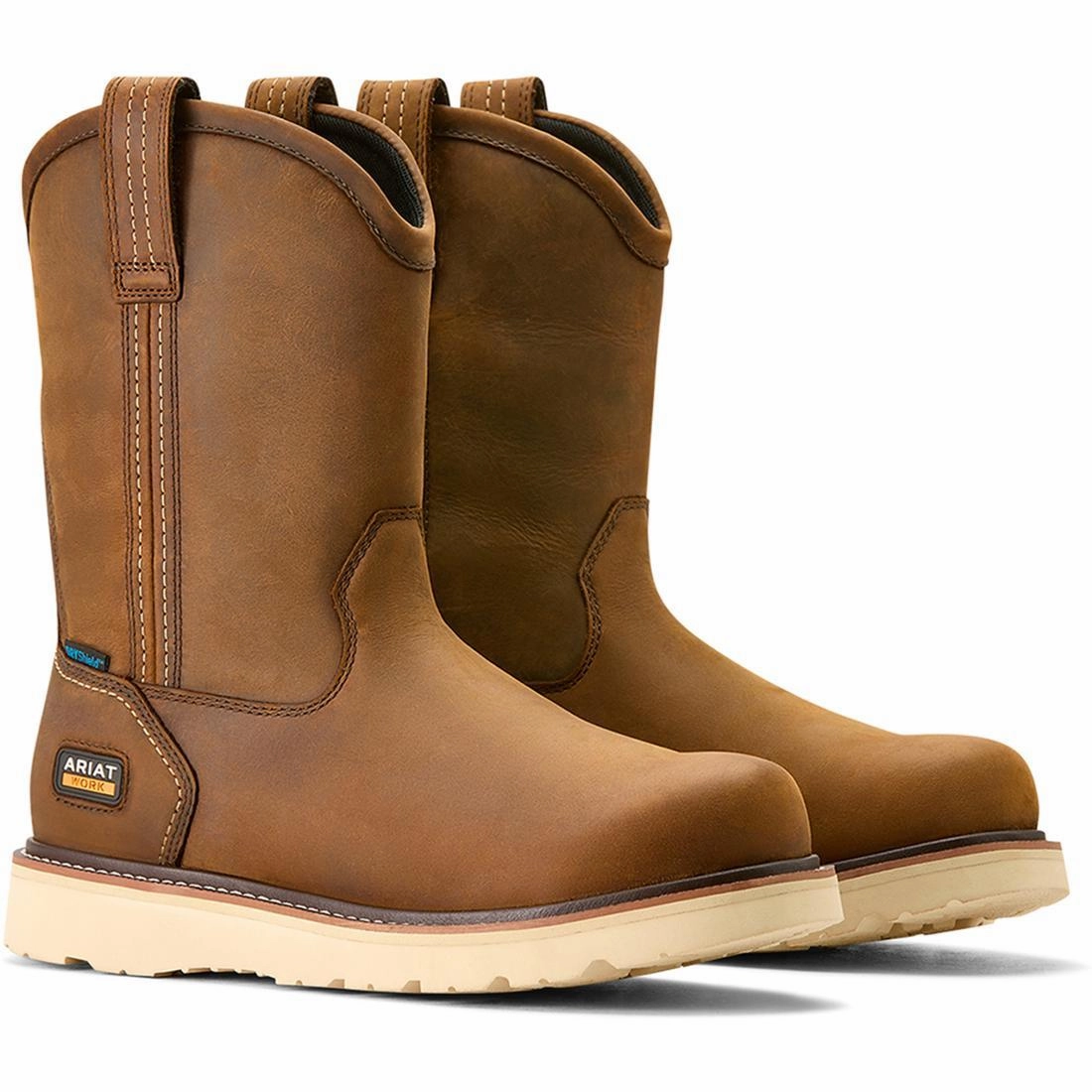 Lightweight Composite Material Odor-resistant Rebar Soft-Toe Waterproof Pull-On Wedge Boot Distressed Brown