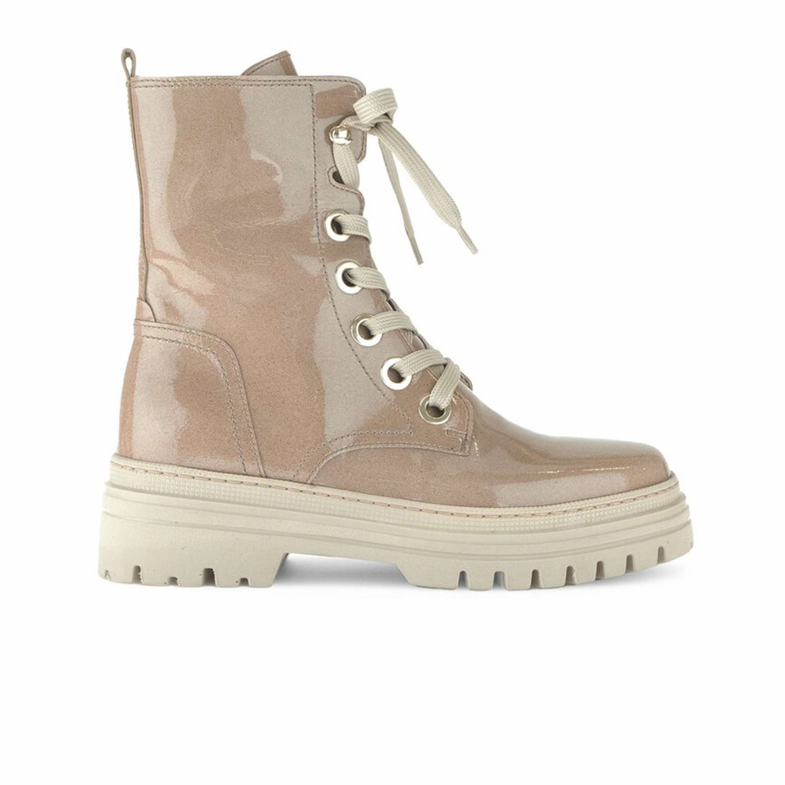Rubberized Traction Lugs Gabor 721 Lace Up Combat Boot (Women) - Beige Patent