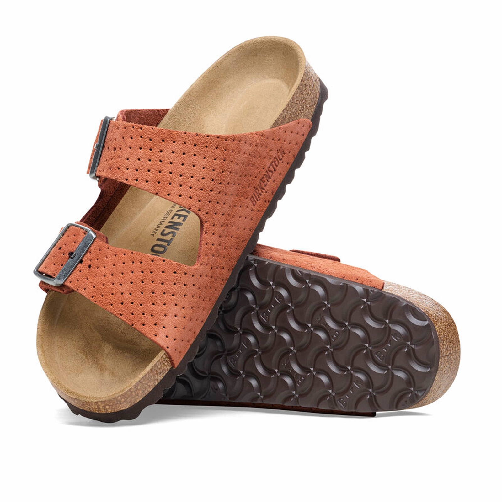 Moisture Wicking Lining Comfort Fit Birkenstock Arizona Narrow Slide Sandal (Women) - Dotted Burnt Orange Suede