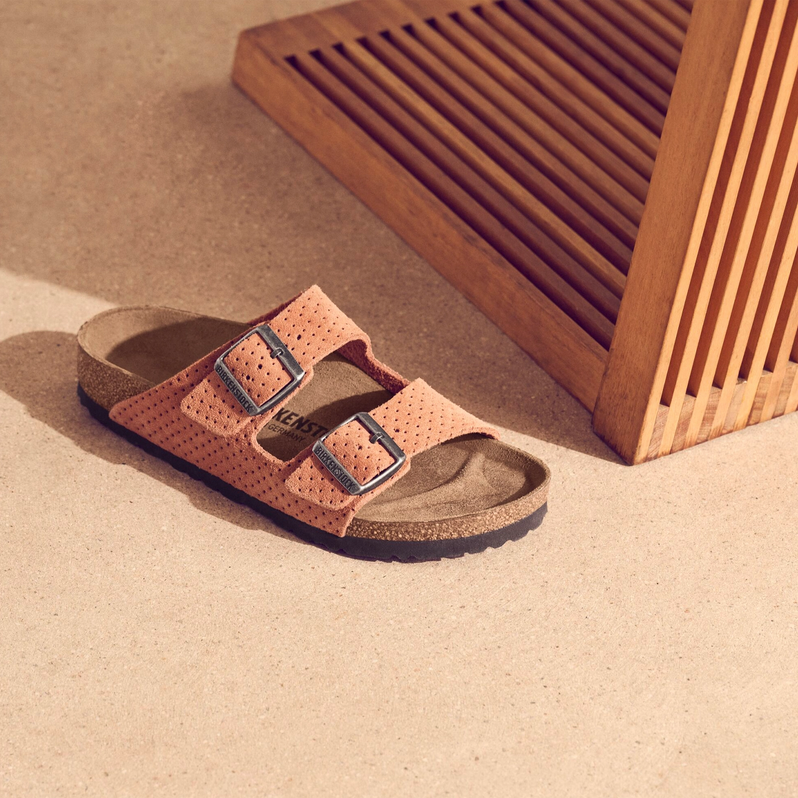 Abrasion Resistant Straps Birkenstock Arizona Narrow Slide Sandal (Women) - Dotted Burnt Orange Suede