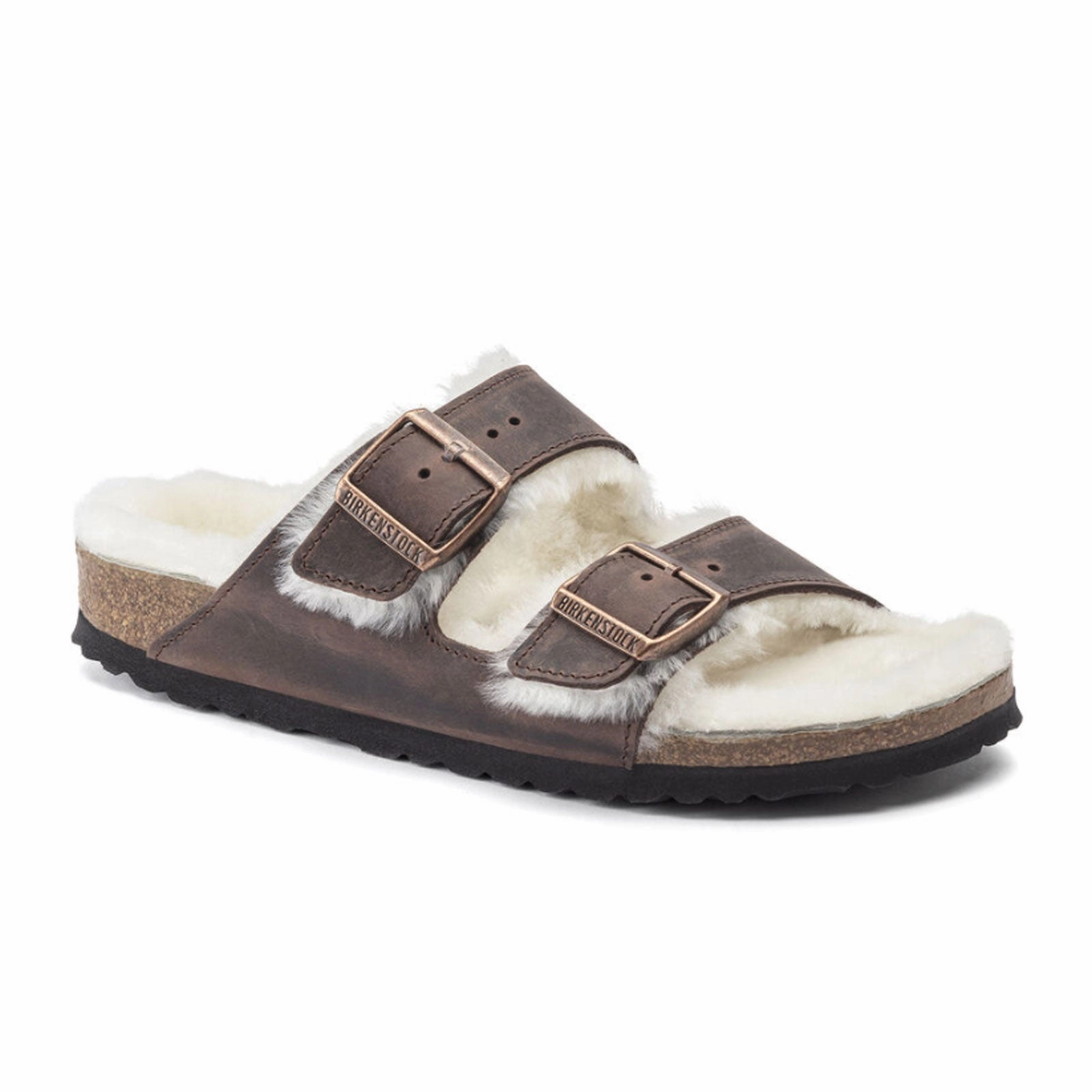 Road Trip Birkenstock Arizona Slide Sandal (Women) - Habana Oiled Leather/Natural Shearling