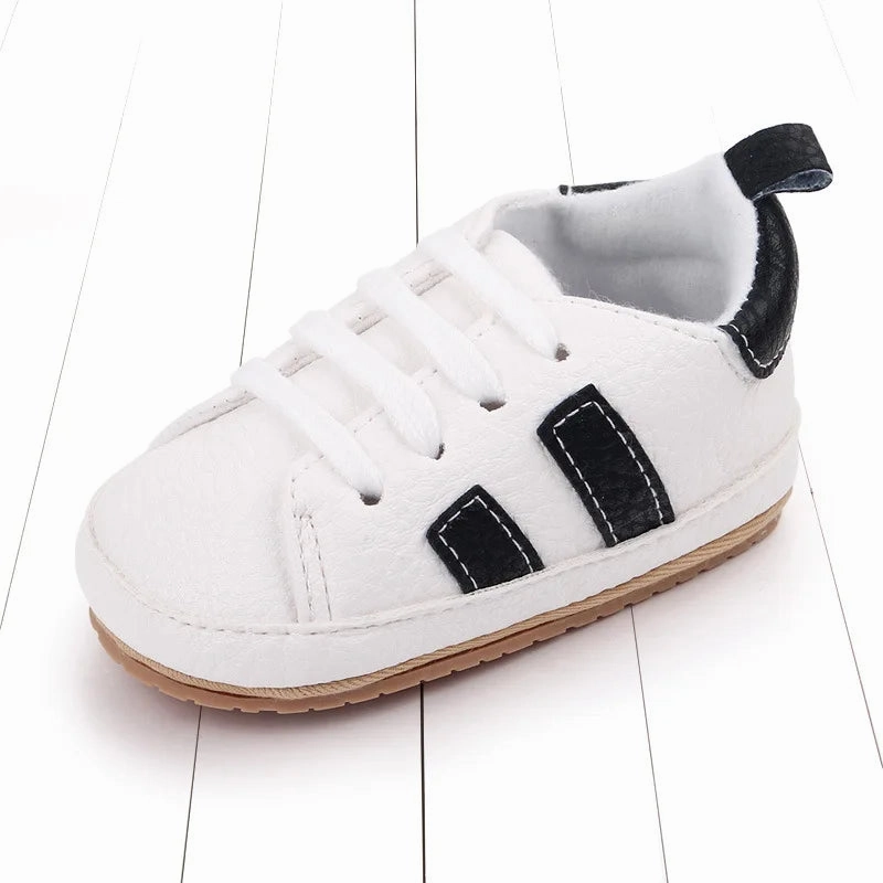 Striped Baby Sneakers - PU Leather First Walkers | Non-Slip Rubber Sole Lace-Ups for Boys & Girls (0-24 Months) Layered Chic right - foot