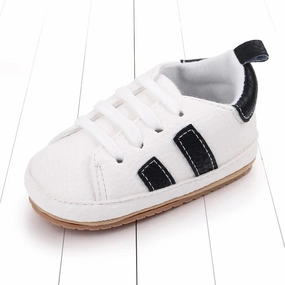 Striped Baby Sneakers - PU Leather First Walkers | Non-Slip Rubber Sole Lace-Ups for Boys & Girls (0-24 Months) Layered Chic right - foot