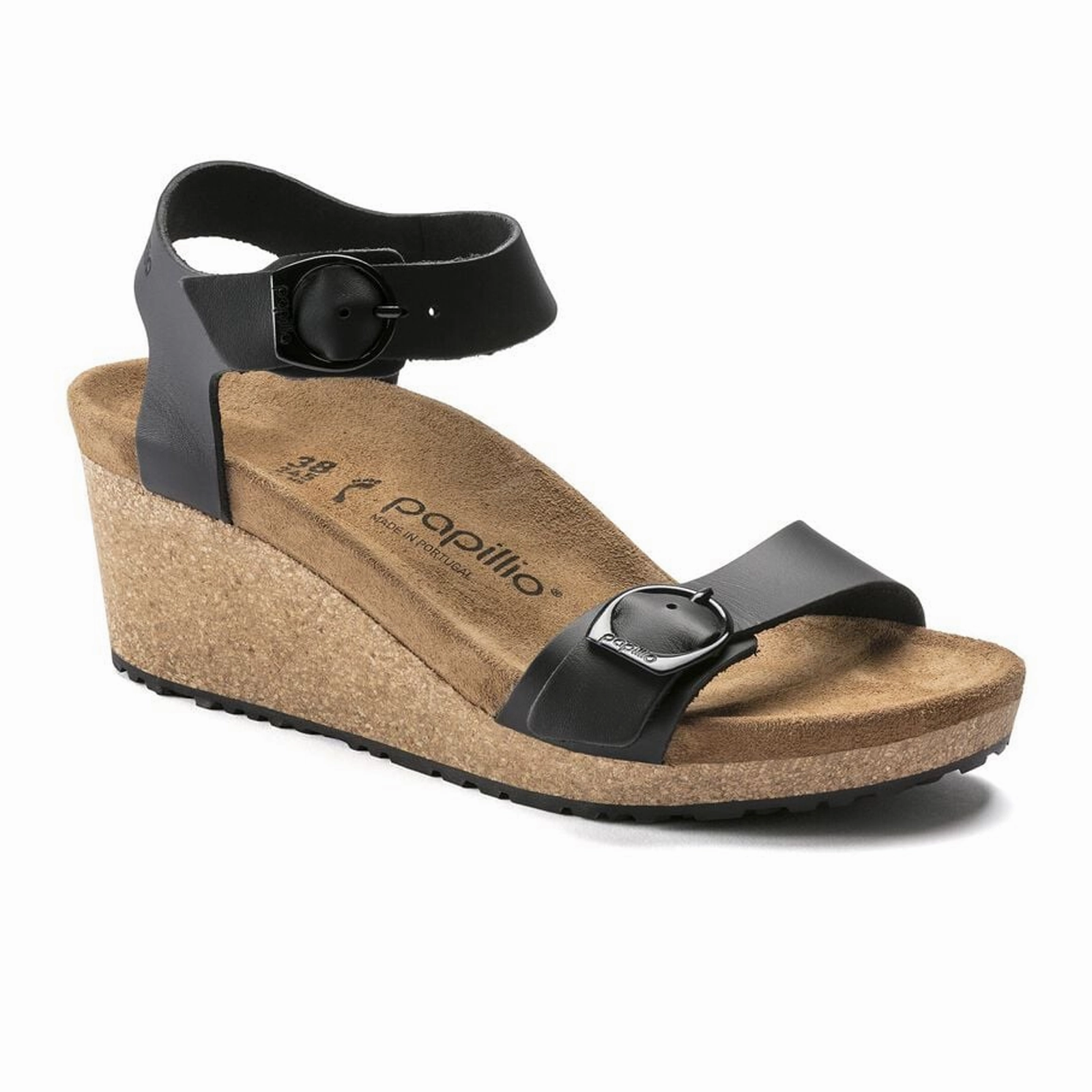 Open Frame Birkenstock Soley Ring-Buckle Narrow Wedge Sandal (Women) - Black Leather