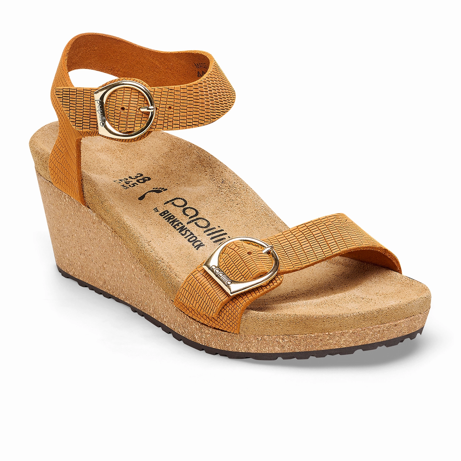 Non Slip Tread Geometry Tropical Leaf Birkenstock Soley Narrow Wedge Sandal (Women) - Embossed Burnt Orange Nubuck