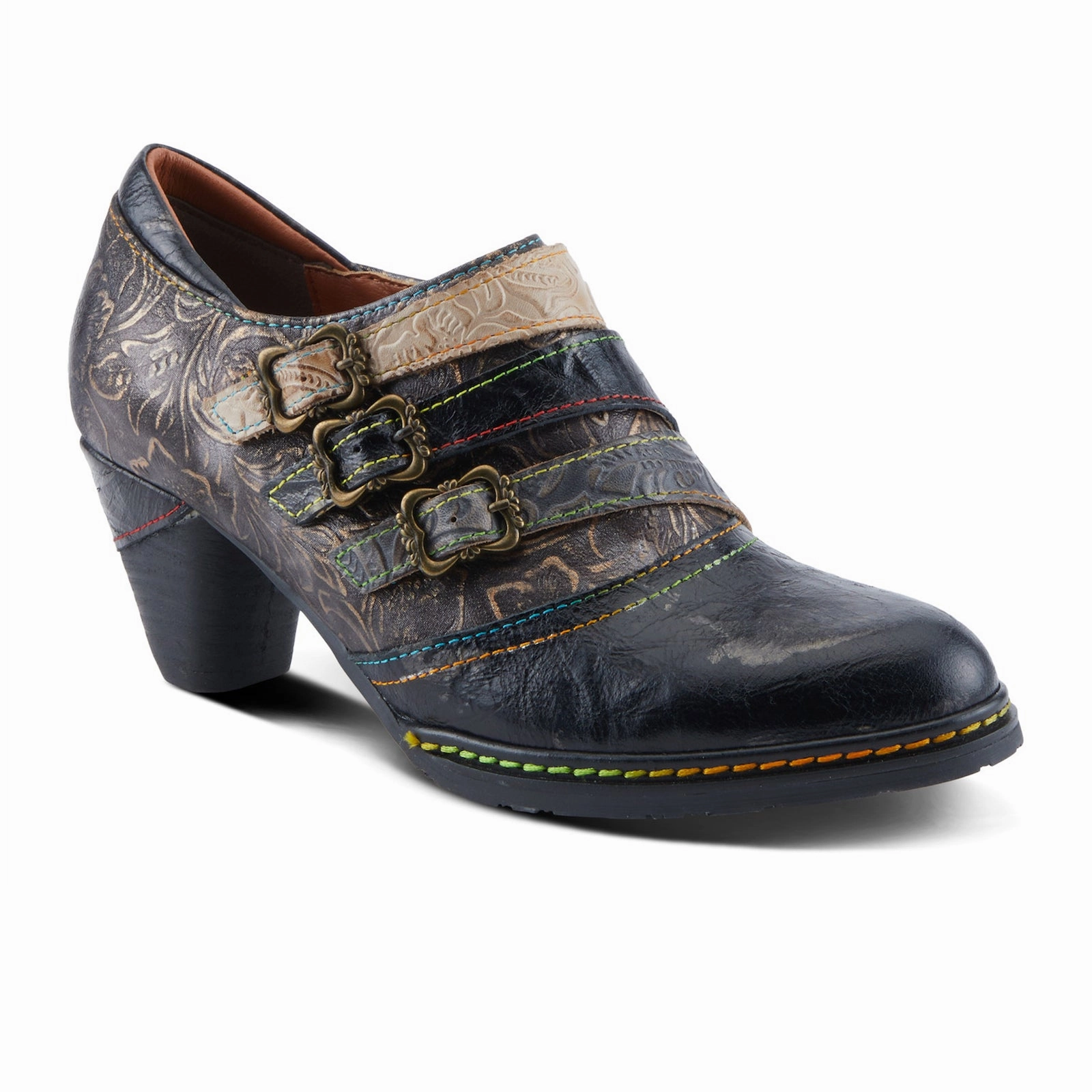 L'Artiste Graphic Heeled Ankle Boot (Women) - Black Metallic subtle style